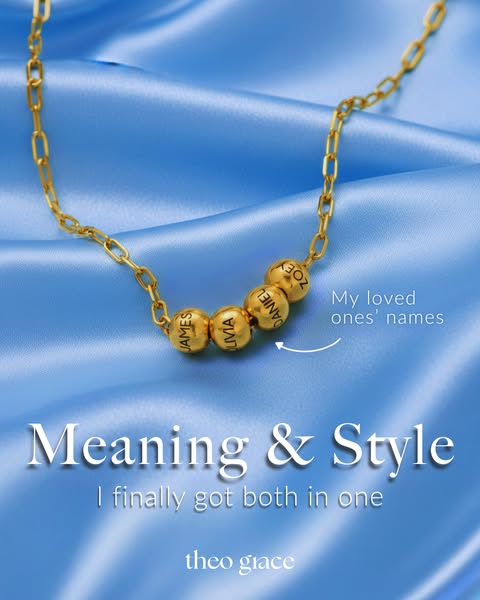 This image ad for Theo Grace features a gold necklace with personalized beads. The ad highlights the combination of mean