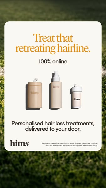 This image ad for Hims promotes their personalized online hair loss treatments. The ad emphasizes the convenience of the
