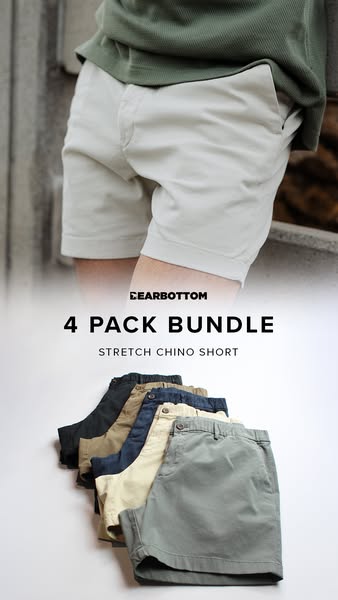 This ad showcases a 4-pack bundle of stretch chino shorts from the brand Dearbottom. The ad features a person wearing th