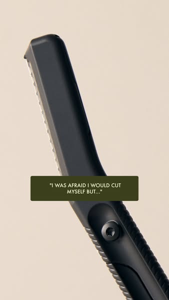 A close up shot of a eyebrow razor is show with text layered on top that highlight's that it is not as dangerous to 