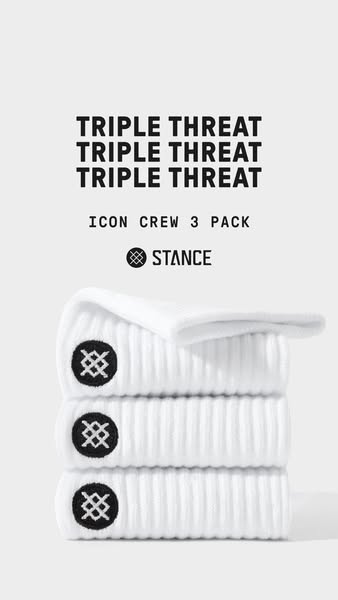 A minimalist ad for Stance brand socks, featuring three pairs of stacked white crew socks against a light gray backgroun