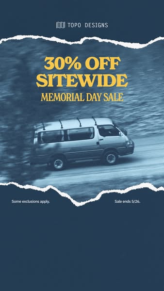 This image ad for Topo Designs promotes a 30% off sitewide Memorial Day sale. The ad features a blurred image of a van i