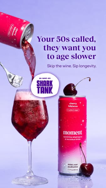 This ad for Moment sparkling adaptogen and botanical drink features a can of the cherry hibiscus flavor, pouring into a 
