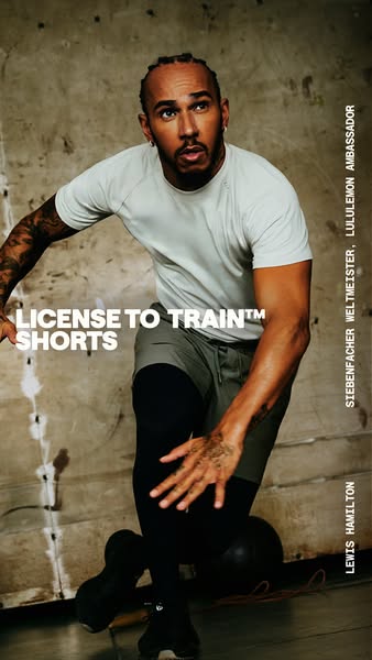 This ad for Lululemon features Lewis Hamilton wearing a Lululemon License to Train short and t-shirt. The image is a ful