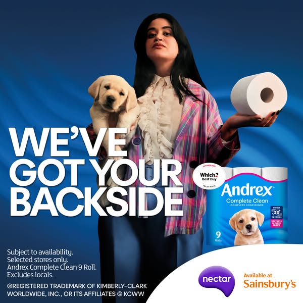 The ad presents Andrex Complete Clean toilet paper with the headline 'We've Got Your Backside'. It features