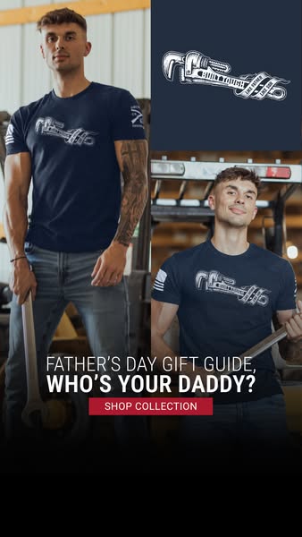 This Father's Day ad features two men wearing navy blue t-shirts with the same graphic print, advertising a "Sh