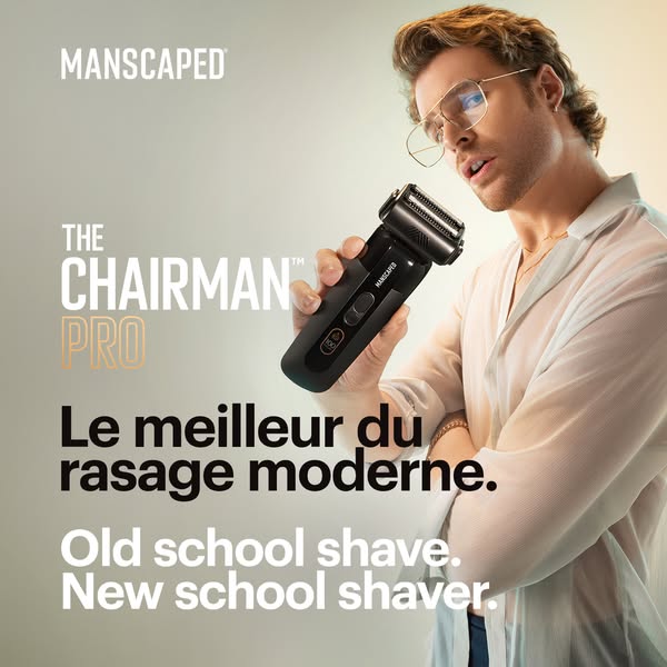 This image ad showcases the MANSCAPED® The Chairman™ Pro shaver, targeting men who desire a modern grooming experience w