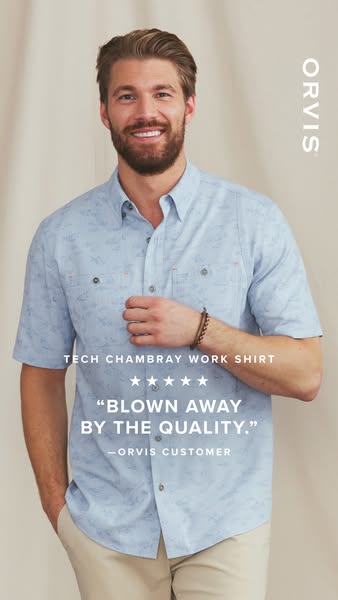 This ad features a man wearing a light blue button-down shirt, and includes a testimonial from an Orvis customer about t