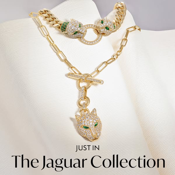 The ad features a gold chain and gold choker with the text 'Just In The Jaguar Collection'.