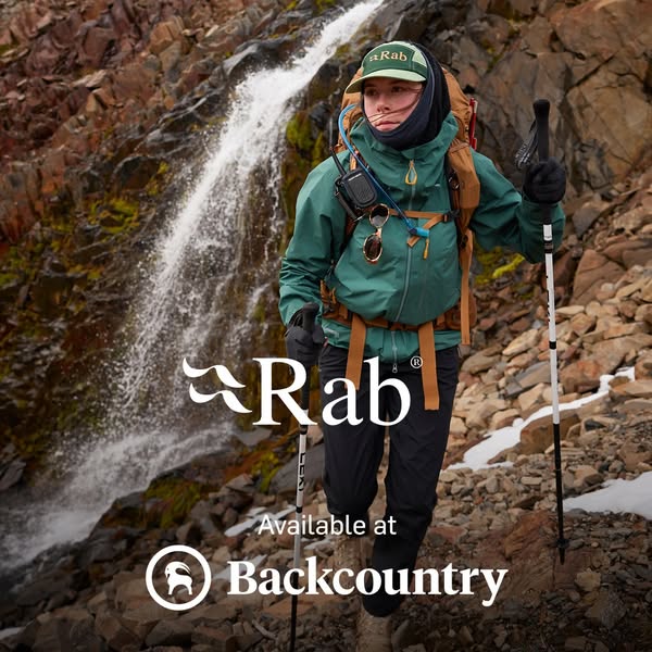 This ad showcases Rab's outdoor apparel in a natural setting, emphasizing its availability through Backcountry. The 