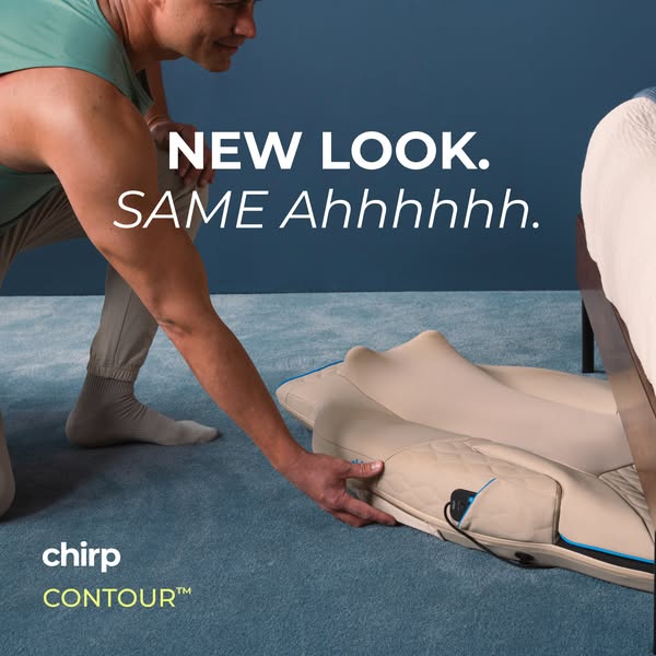 This ad shows a man with a Chirp Contour device. The ad is stating that the Contour device has a new look but the same f