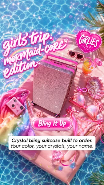 An image ad for a crystal bling suitcase, built to order. The suitcase is pink, and the ad uses pink and sparkly aesthet