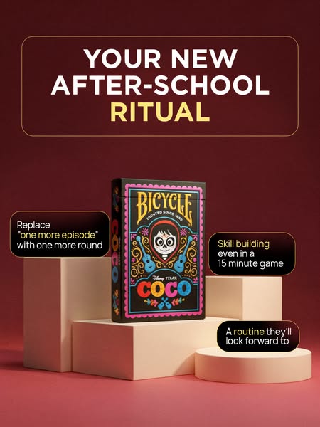 This ad is for Bicycle playing cards, featuring a deck themed with the movie Coco. The ad highlights how playing cards c