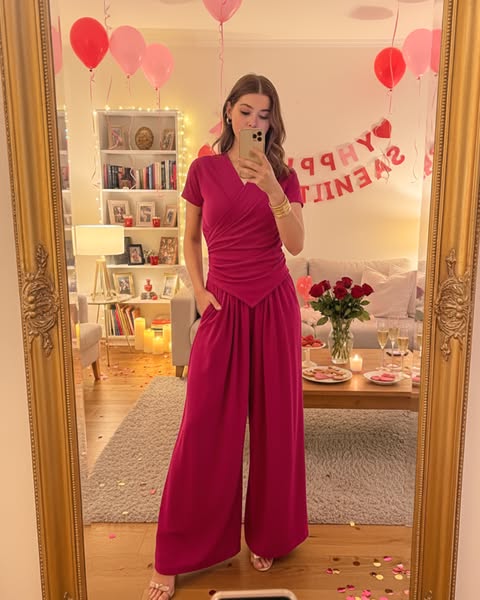 A woman is taking a mirror selfie in a pink outfit. The background is decorated with Valentine's Day decorations.