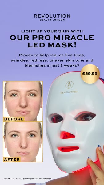 This ad promotes the Revolution Pro Miracle LED Mask as a solution for fine lines, wrinkles, redness, uneven skin tone, 