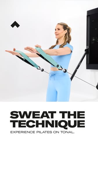 An image ad showcasing Tonal’s digital pilates experience featuring a woman demonstrating an exercise. The image has the