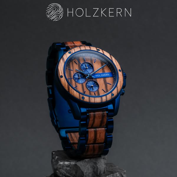 This image ad showcases a HOLZKERN wristwatch that is made with wood and stainless steel. The watch is displayed on top 