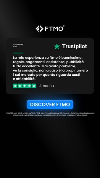This ad features a Trustpilot review for FTMO, highlighting the positive experiences of a user named Amadou. The review 