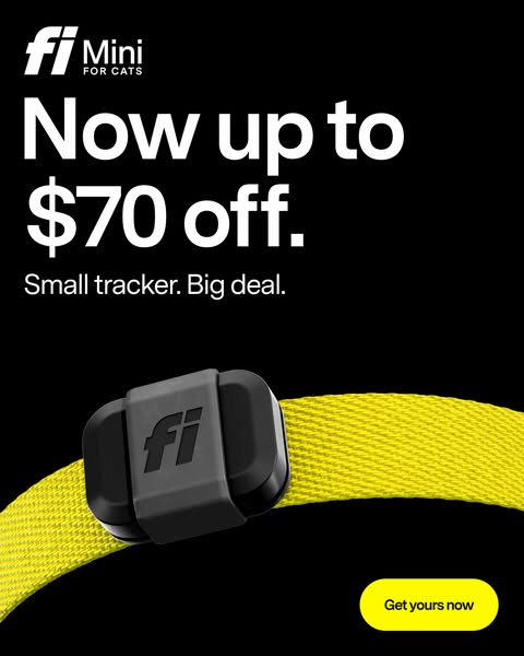 This ad for the Fi Mini cat tracker highlights a limited-time discount of up to $70 off. It positions the product as a p