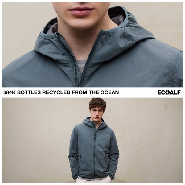 This image ad features a male model wearing a jacket from ECOALF and highlights the brand's commitment to using recy