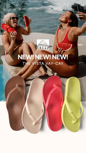 This image ad for REEF sandals features a split-screen of women at a beach taking photos and smiling, with a product sho