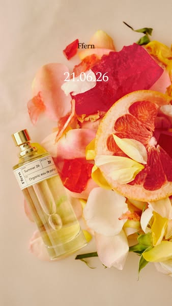 An overhead product shot featuring Ffern organic eau de parfum, flowers, and citrus.
