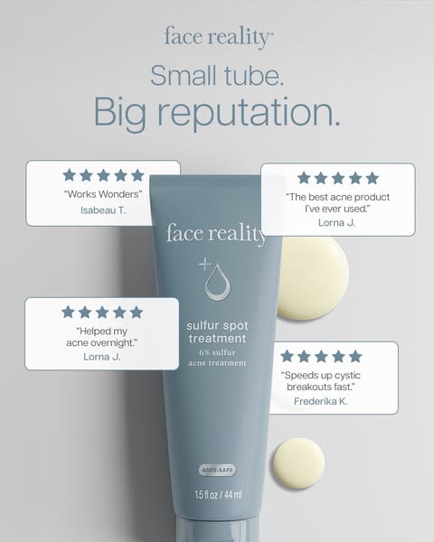 A visually-driven ad promoting Face Reality's sulfur spot treatment, emphasizing its compact size, strong reputation