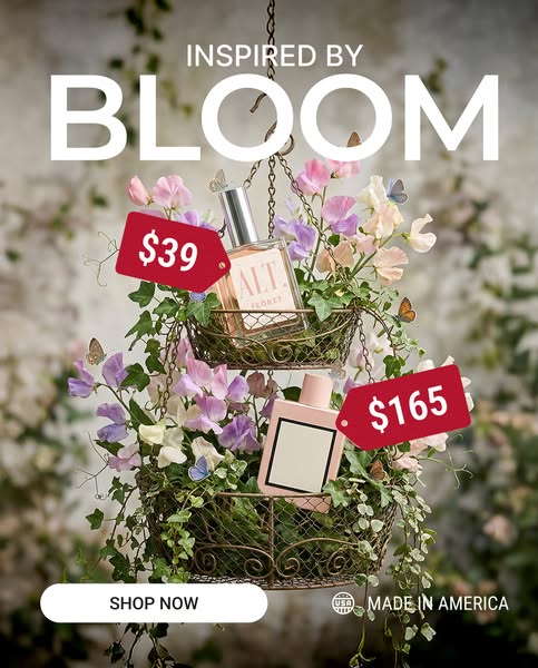 An image ad featuring two ALT. fragrances, presented in hanging floral baskets with price tags, promoting their product 