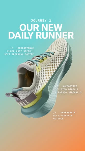 This ad showcases a new running shoe, highlighting its features such as comfort, support, and dependability through text