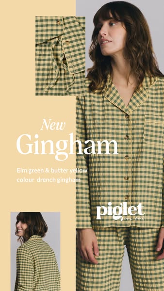 An image ad for Piglet in Bed linen pajamas featuring a gingham print set. The ad showcases a model wearing the pajamas,