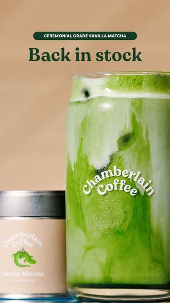 This image ad for Chamberlain Coffee Vanilla Matcha highlights the fact that the product is back in stock, showcasing bo