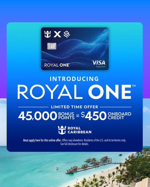 This image ad for the Royal One credit card promotes a limited-time offer of 45,000 bonus points which equal $450 onboar