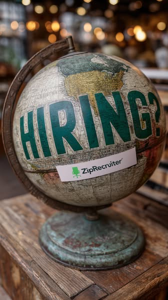 This image ad for ZipRecruiter features a globe with the word "HIRING?" superimposed on it, suggesting that Zi