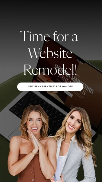 This image ad promotes website remodeling services, featuring two women in front of a laptop displaying a website design