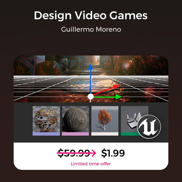 This ad promotes a limited-time offer for a video game design asset pack. It features a visual of a game environment, fo