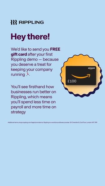 Ad for Rippling software promoting a free gift card after the first demo of the software.