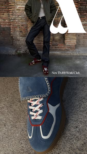 The ad showcases the New Tb.490 World Club sneakers. The ad uses a two-part split screen, beginning with a lifestyle sho