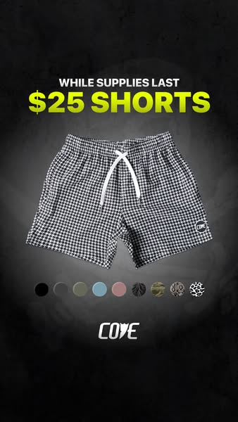 This ad showcases a pair of patterned shorts from the brand COVE, highlighting a limited-time offer of $25 while supplie