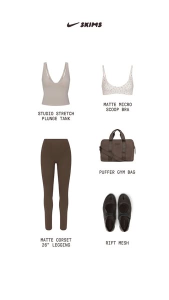 This ad promotes athleisure products from SKIMS in a flat lay product grid. The products are displayed in two columns wi