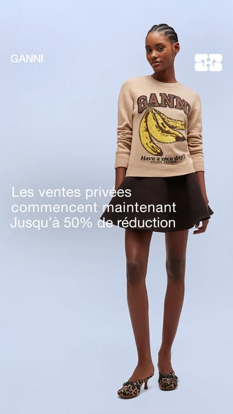 This image ad promotes Ganni, advertising an in-progress private sale offering up to 50% off. The ad features a model we