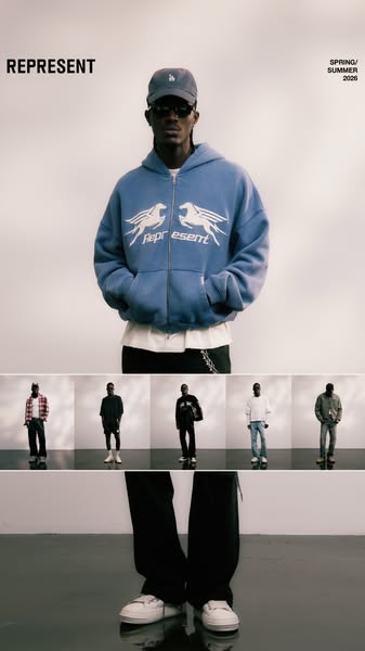 This ad for Represent features a grid layout to showcase a model wearing a full zip hoodie, followed by smaller image in