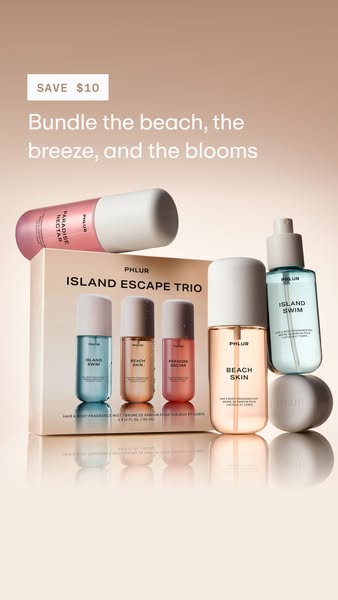 This ad features the Phlur Island Escape Trio, encouraging customers to purchase the bundle and save $10. The visual sty