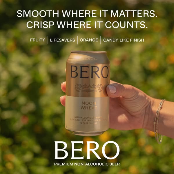 This ad highlights the Bero non-alcoholic beer in an outdoor setting, emphasizing its smooth and crisp taste and fruity,