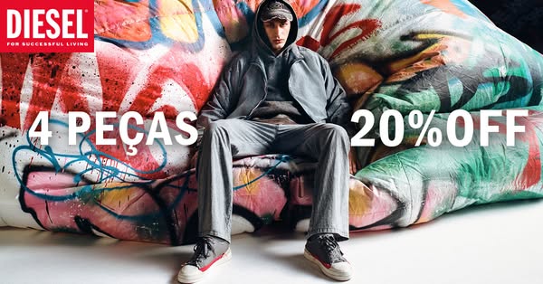 This ad for Diesel promotes a discount on a purchase of 4 items from the brand. A model is shown seated on a beanbag cha