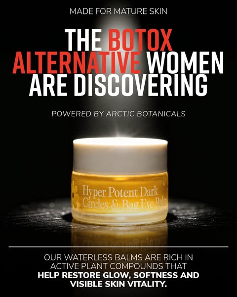 The image ad promotes a skincare product, specifically a balm that aims to address dark circles and bags under the eyes.