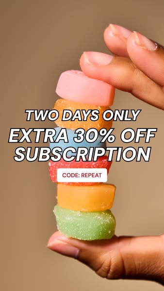This image ad promotes a limited-time offer for a subscription, featuring a stack of colorful gummies held by a hand.