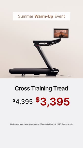 This ad promotes the Peloton cross training tread as part of a Summer Warm-Up Event. The ad shows the product along with