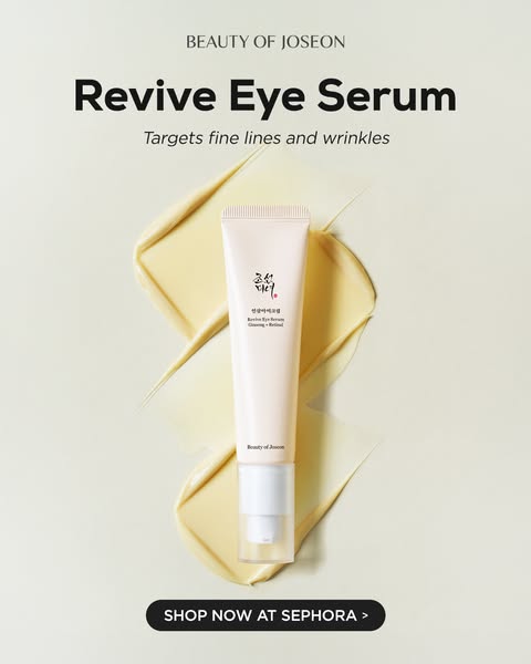 This ad promotes Beauty of Joseon's Revive Eye Serum, highlighting its ability to target fine lines and wrinkles. Th