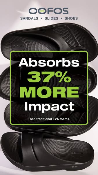 This image ad for OOFOS promotes their sandals, slides, and shoes, highlighting that they absorb 37% more impact than tr