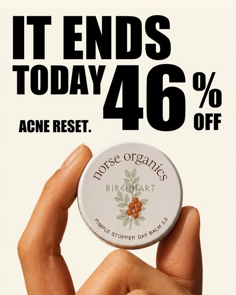 An image ad promoting Norse Organics' Pimple Stopper Day Balm 2.0 with a limited-time offer of 46% off. The ad empha